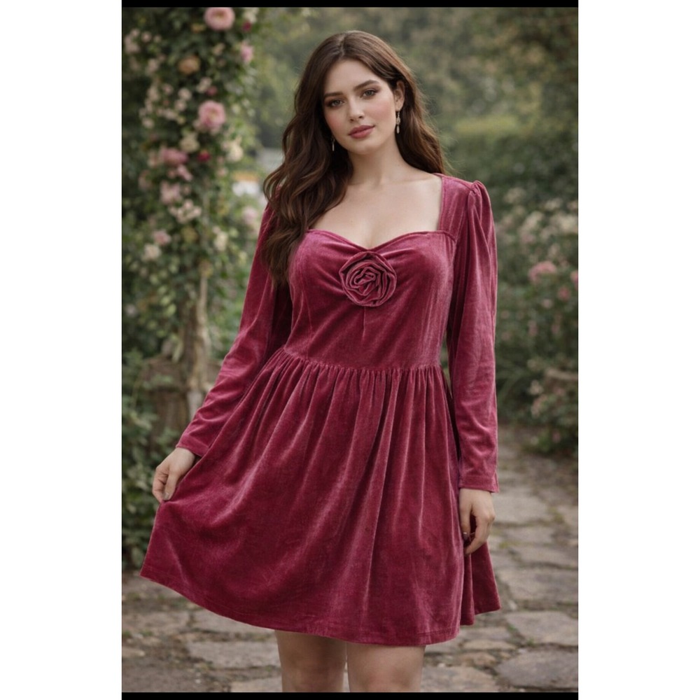 Pink Velvet Rose Babydoll Dress, pockets, Plus Sz 1X, 95%‎ Recycled, Cottagecore